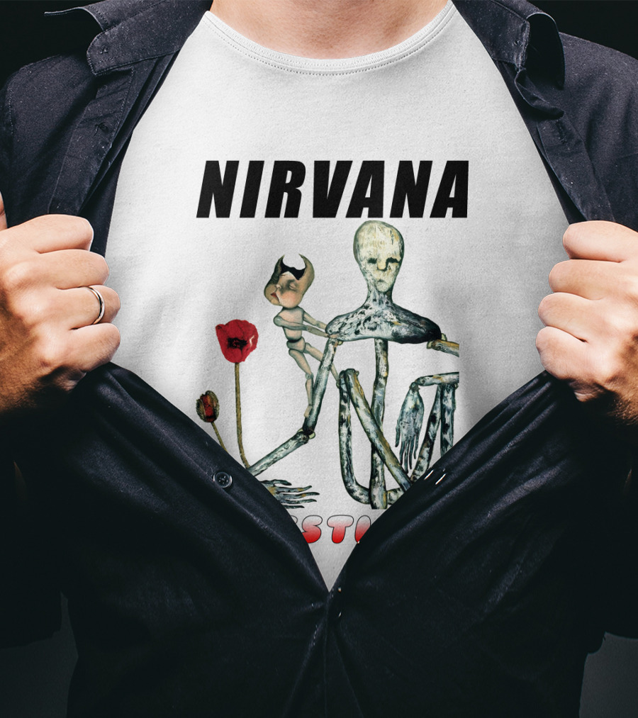 Nirvana Incesticide Album Cover Art With Surreal Skeleton Figure And Red Flowers T-Shirt