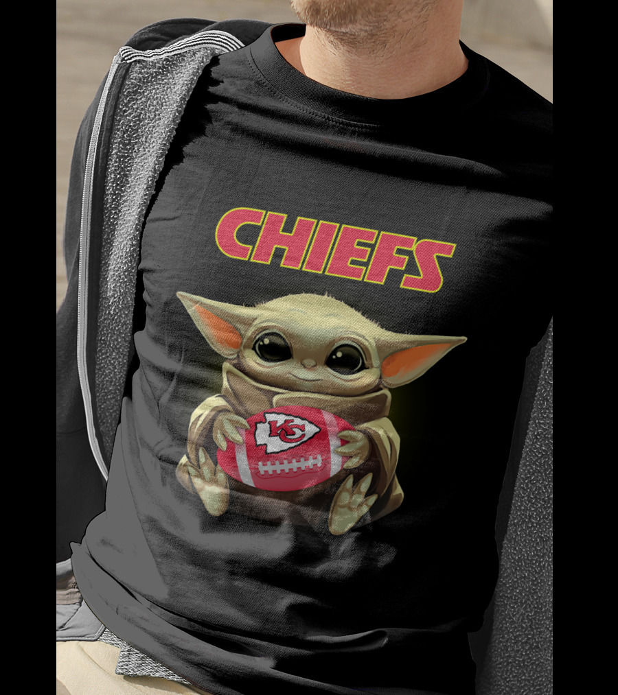 Chiefs Baby Yoda Holding Kansas City Football T-Shirt