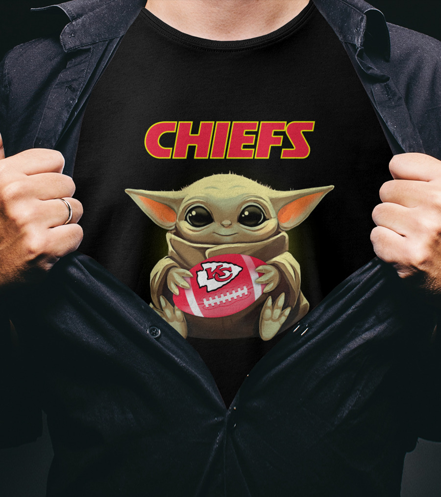Chiefs Baby Yoda Holding Kansas City Football T-Shirt