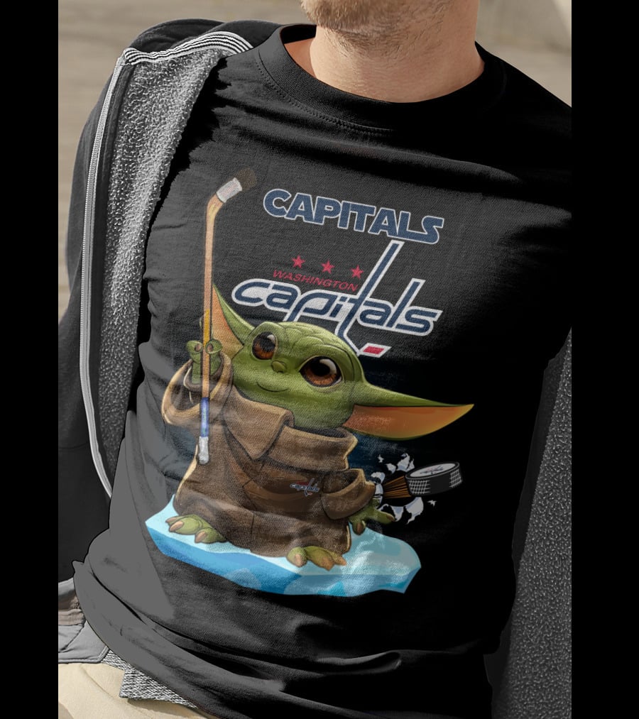 Baby Yoda Washington Capitals Hockey Fan Icon With Stick And Puck T-Shirt