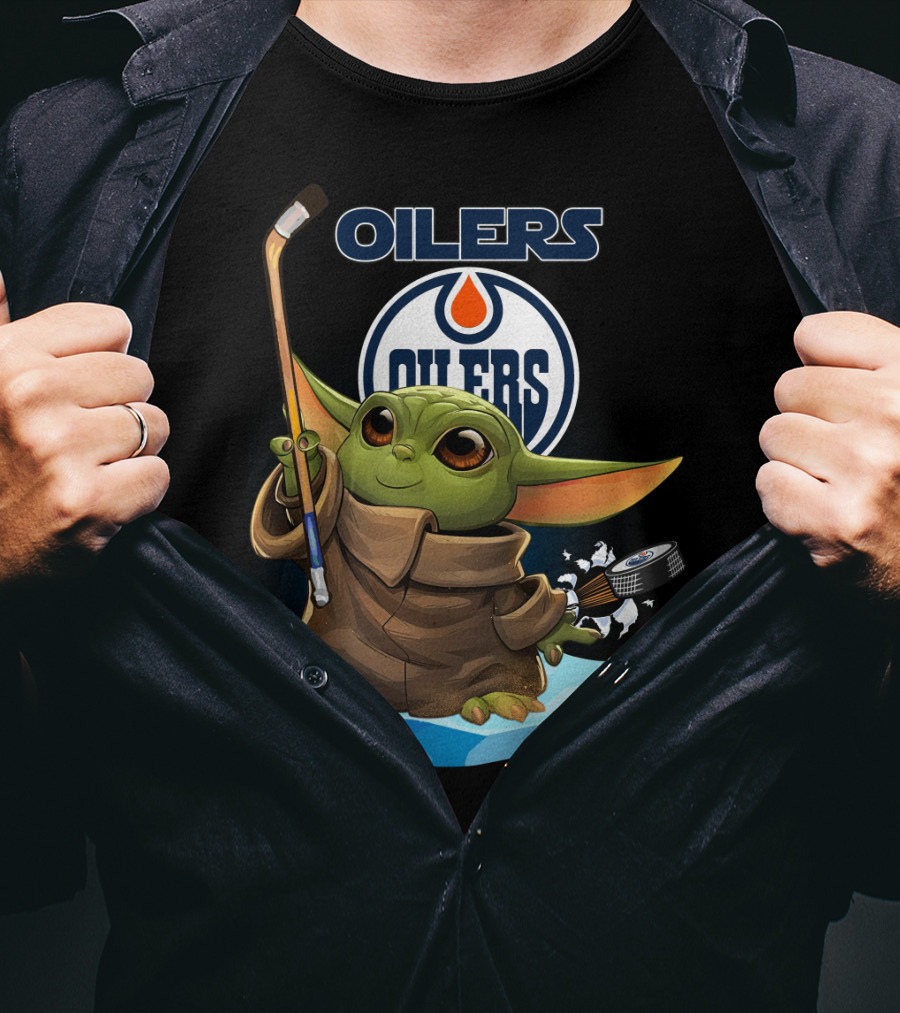Oilers Baby Yoda Holding Hockey Stick And Puck On Ice T-Shirt