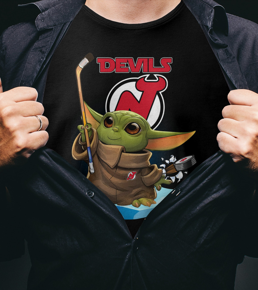 Baby Yoda New Jersey Devils Hockey Puck Lightsaber T-Shirt