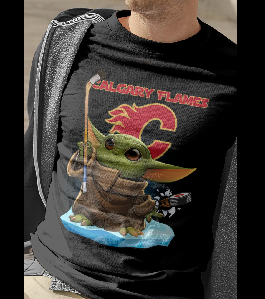 Calgary Flames Baby Yoda Nhl Hockey Crossover T-Shirt