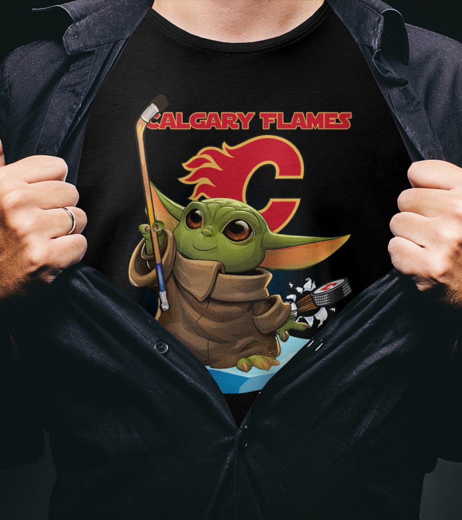 Calgary Flames Baby Yoda Nhl Hockey Crossover T-Shirt