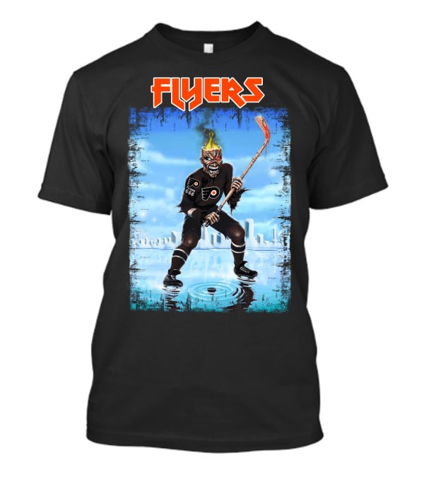 Flyers Hockey Demon With Flaming Head And Stick In Ice City Background T-Shirt