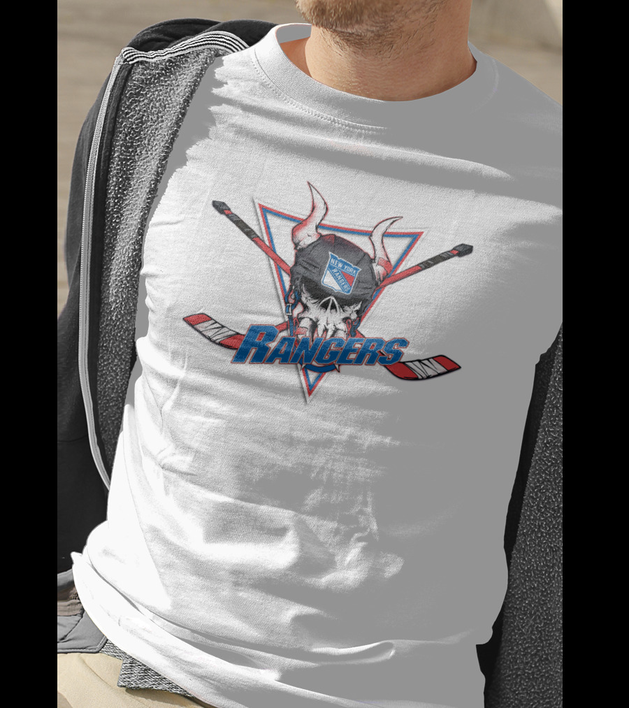 New York Rangers Skull Helmet Hockey Sticks Emblem T-Shirt