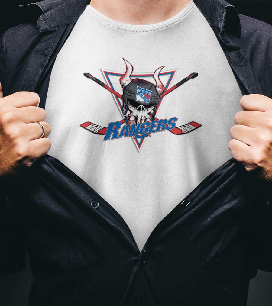 New York Rangers Skull Helmet Hockey Sticks Emblem T-Shirt