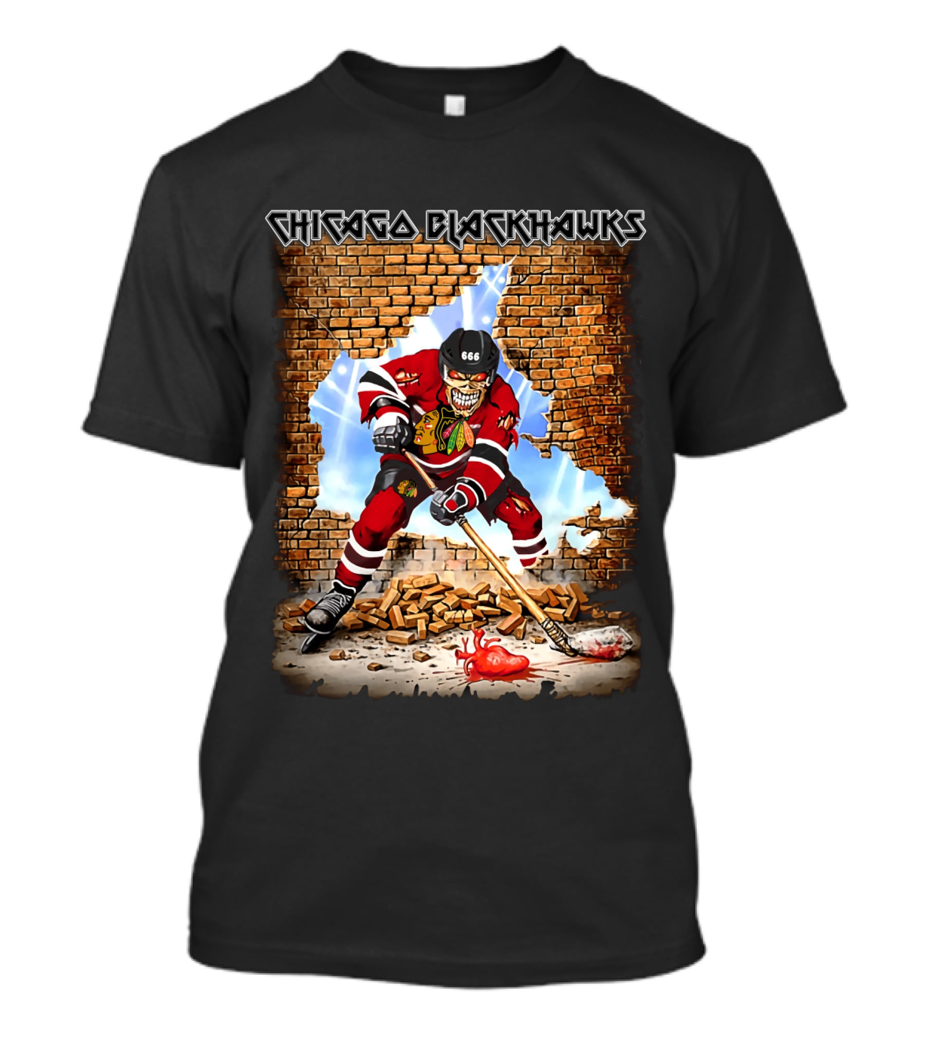 Chicago Blackhawks Skeleton Hockey Player Breaking Brick Wall T-Shirt