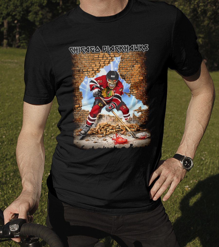 Chicago Blackhawks Skeleton Hockey Player Breaking Brick Wall T-Shirt