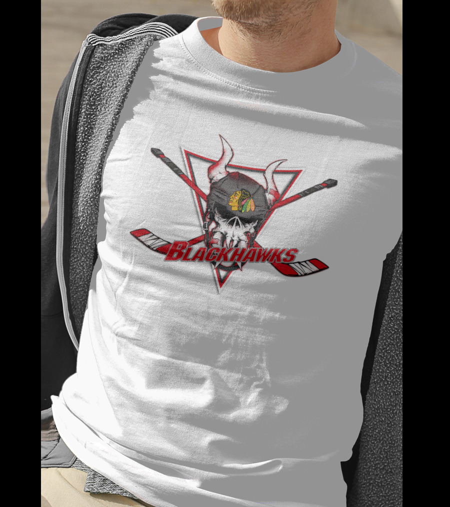Chicago Blackhawks Skull With Hockey Sticks And Horned Helmet T-Shirt