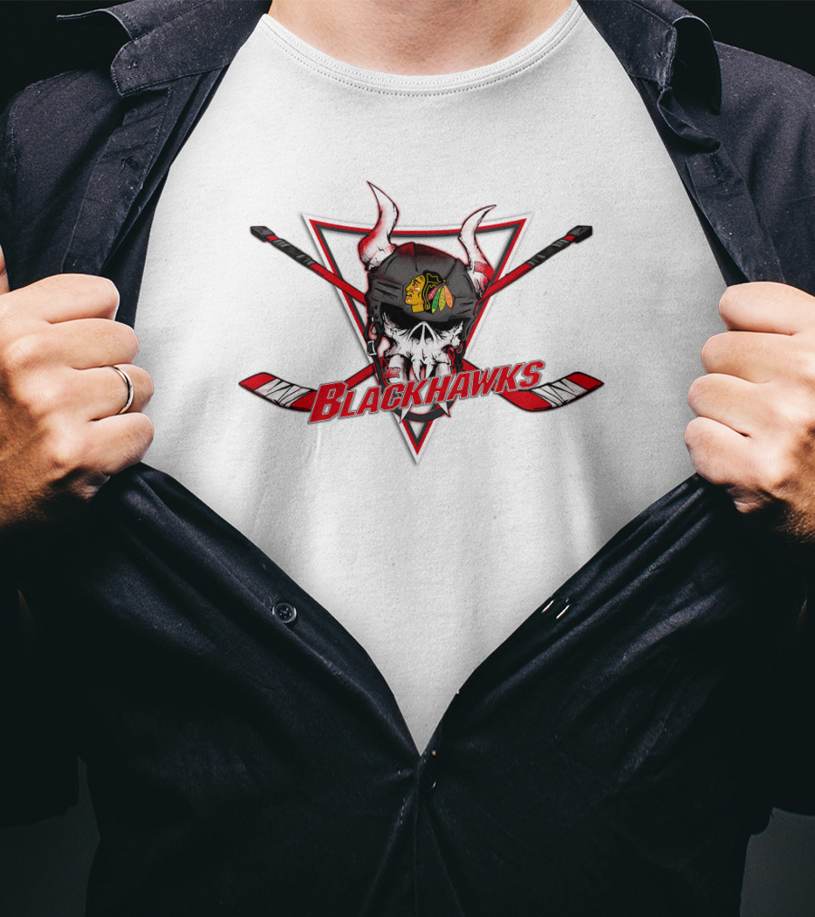Chicago Blackhawks Skull With Hockey Sticks And Horned Helmet T-Shirt