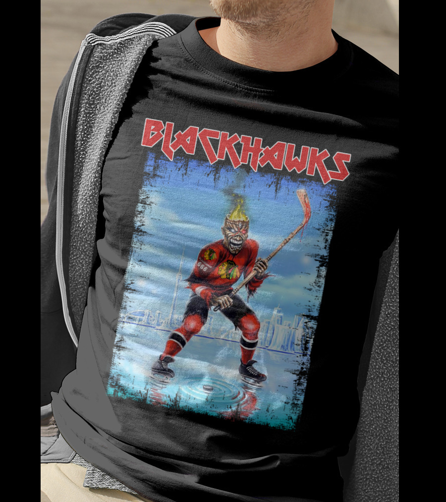 Blackhawks Chicago Ice Hockey Skeleton Figure Skating On Cityscape T-Shirt