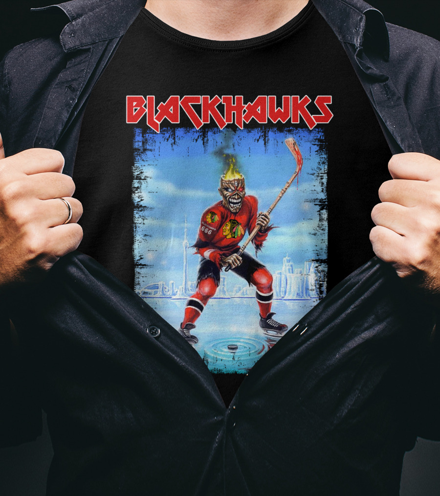 Blackhawks Chicago Ice Hockey Skeleton Figure Skating On Cityscape T-Shirt