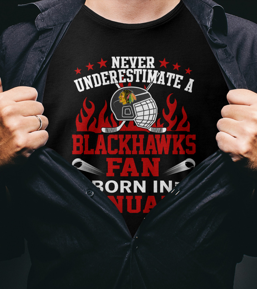 Never Underestimate A Blackhawks Fan Born In January Hockey Helmet Flames Stars T-Shirt