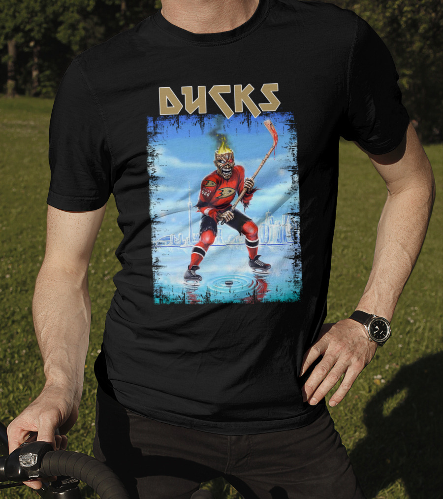 Anaheim Ducks Hockey Skeleton Warrior Skating On Ice T-Shirt