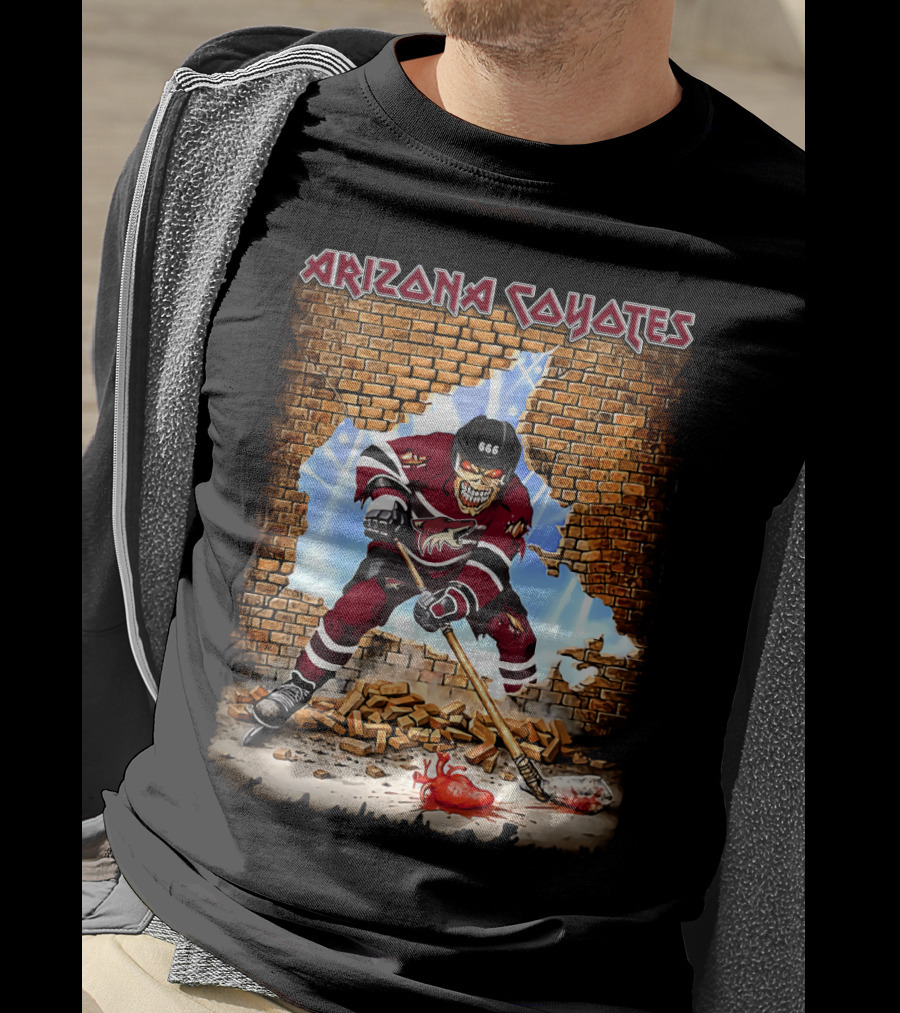 Arizona Coyotes Hockey Skeleton Player Breaking Through Brick Wall T-Shirt