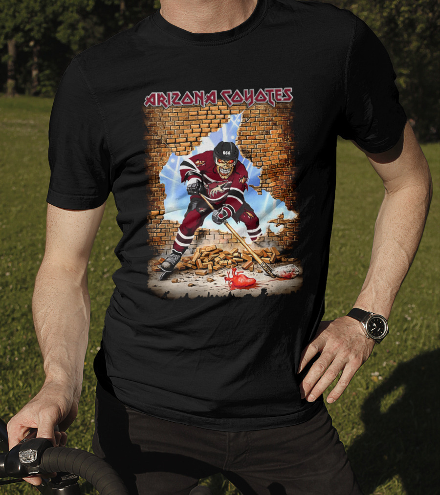 Arizona Coyotes Hockey Skeleton Player Breaking Through Brick Wall T-Shirt