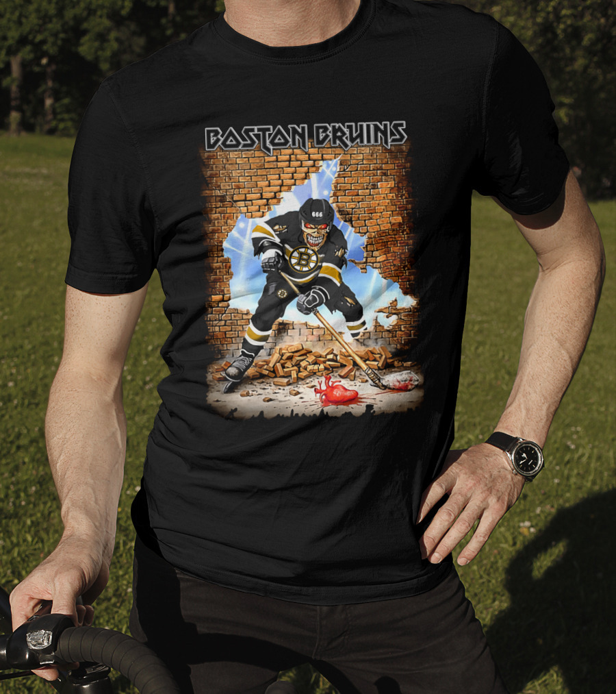 Boston Bruins Hockey Player Breaking Through Brick Wall T-Shirt