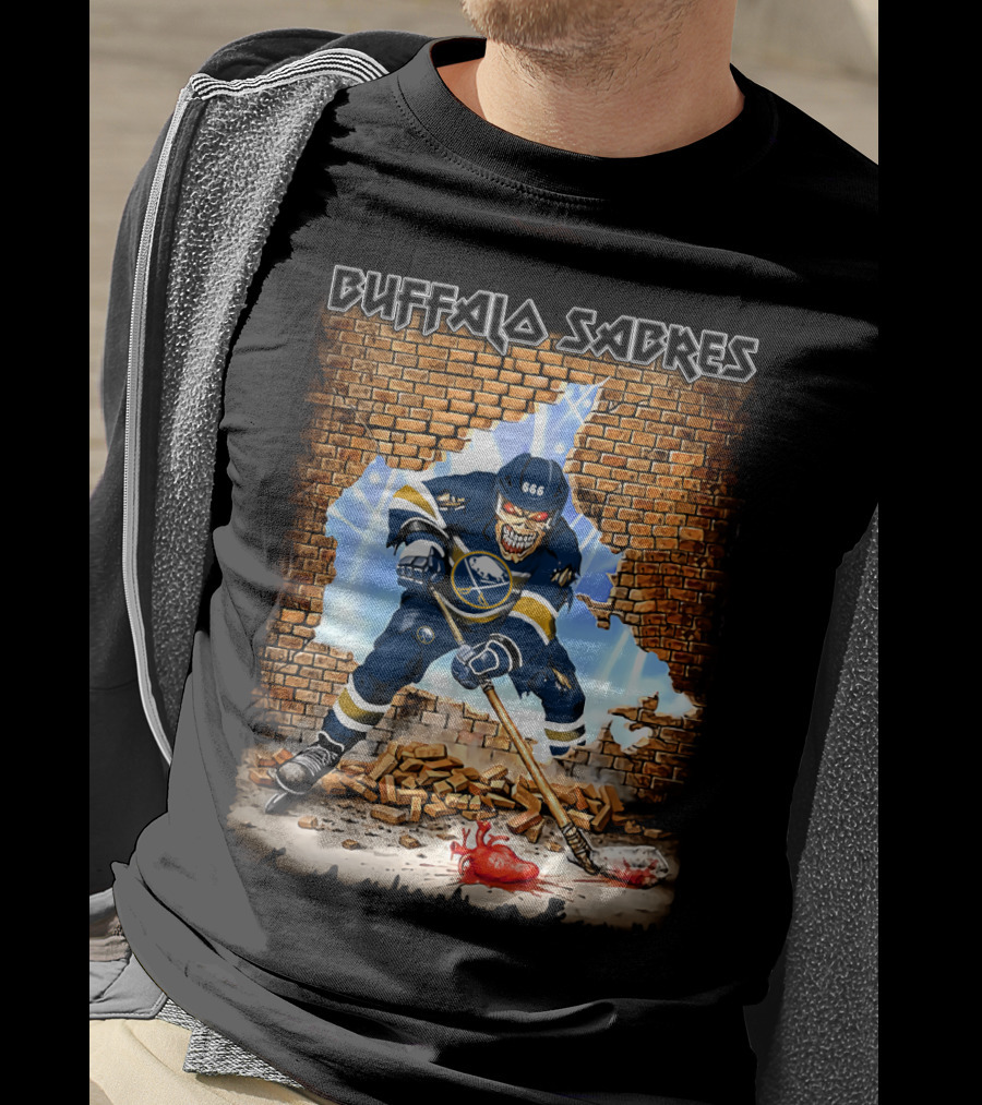 Buffalo Sabres Skeleton Hockey Player Breaking Brick Wall T-Shirt