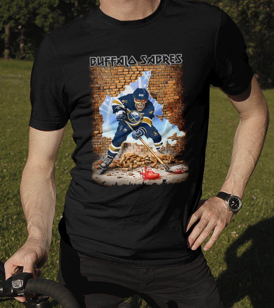Buffalo Sabres Skeleton Hockey Player Breaking Brick Wall T-Shirt
