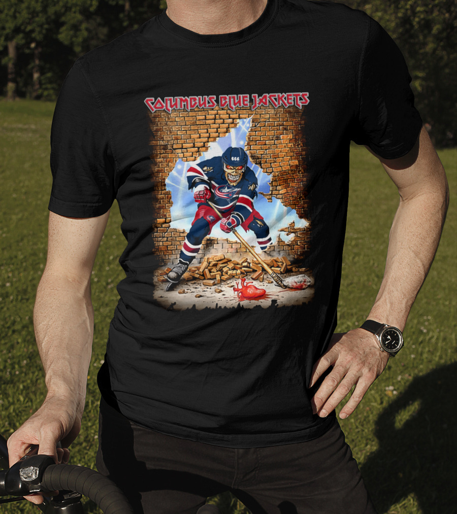 Columbus Blue Jackets Skeleton Hockey Player Breaking Brick Wall T-Shirt