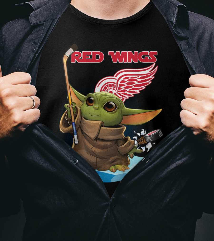 Red Wings Baby Yoda Hockey Stick NHL Frozen Puck T-Shirt