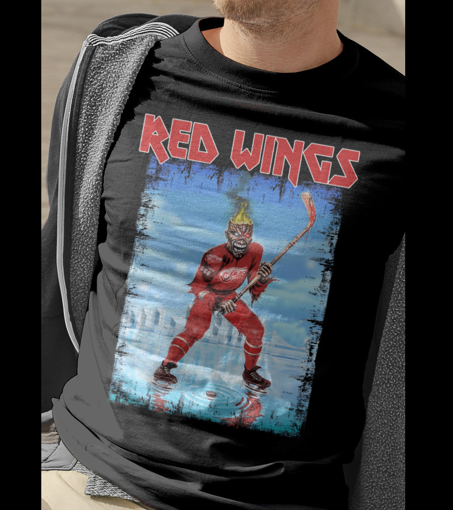 Red Wings Flaming Demon Hockey Player On Ice With Detroit Cityscape T-Shirt