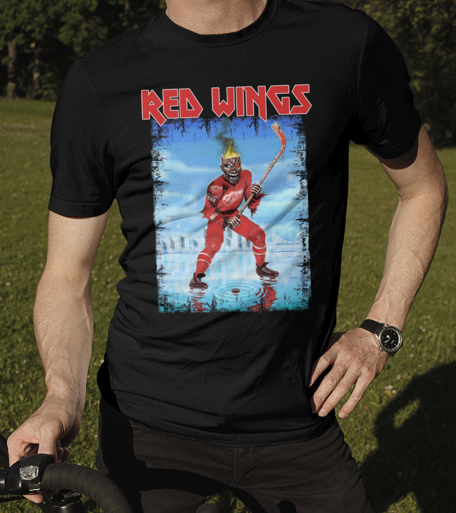 Red Wings Flaming Demon Hockey Player On Ice With Detroit Cityscape T-Shirt