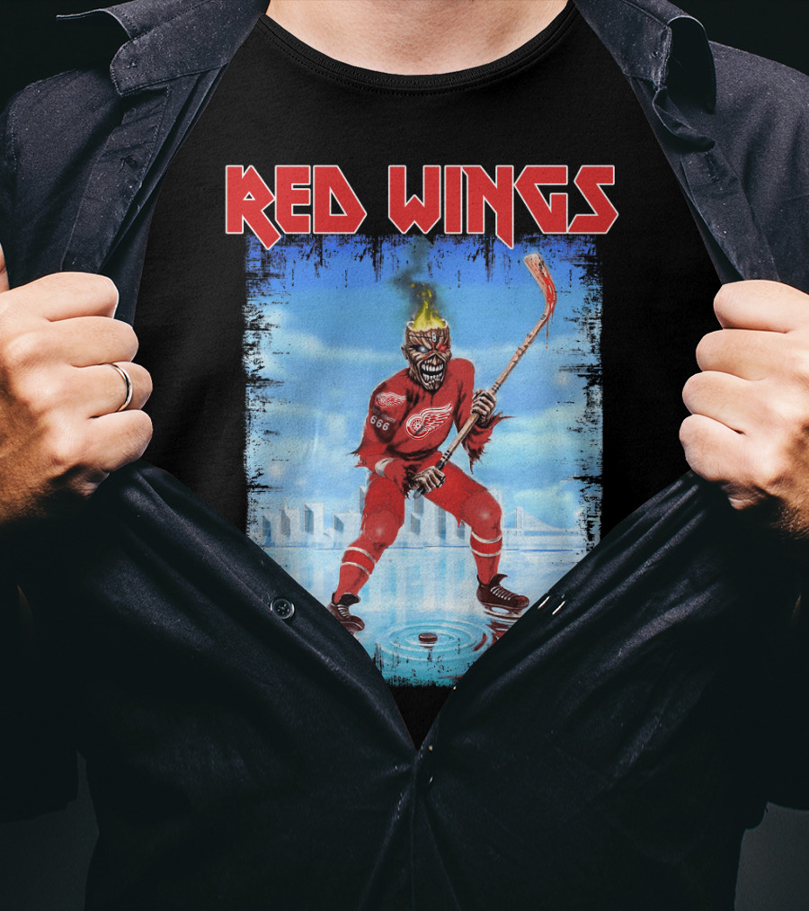 Red Wings Flaming Demon Hockey Player On Ice With Detroit Cityscape T-Shirt