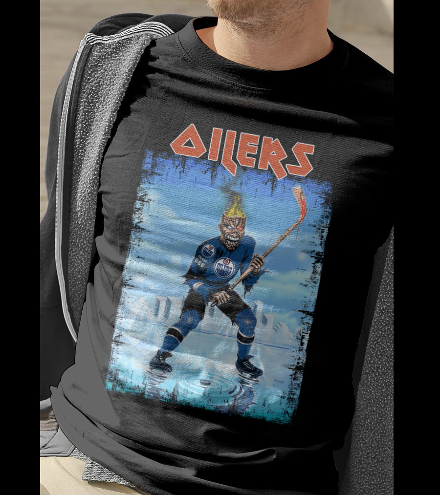 Oilers Edmonton Hockey Player With Fiery Skull And Hockey Stick T-Shirt