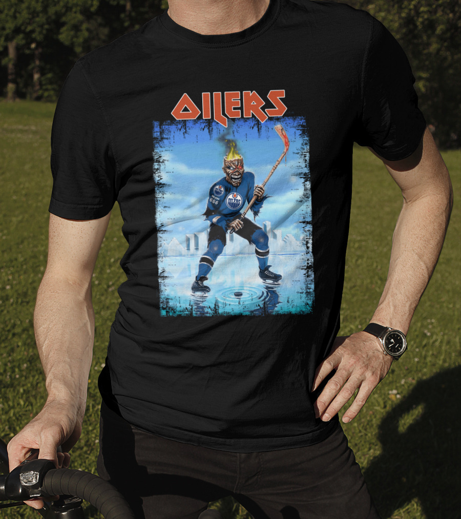 Oilers Edmonton Hockey Player With Fiery Skull And Hockey Stick T-Shirt