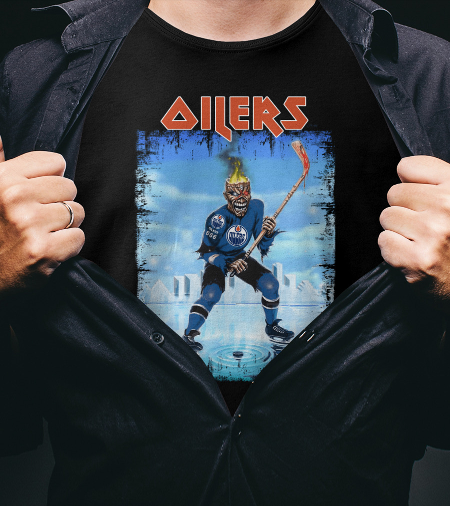 Oilers Edmonton Hockey Player With Fiery Skull And Hockey Stick T-Shirt