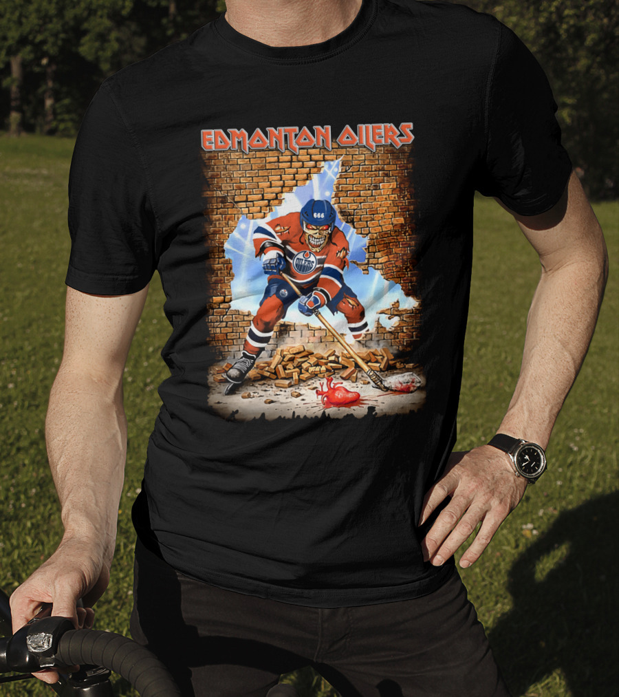 Edmonton Oilers Hockey Skeleton Breaks Through Brick Wall T-Shirt