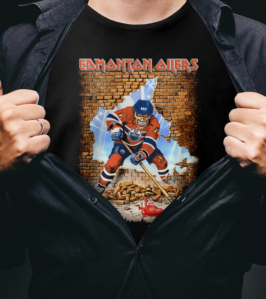 Edmonton Oilers Hockey Skeleton Breaks Through Brick Wall T-Shirt