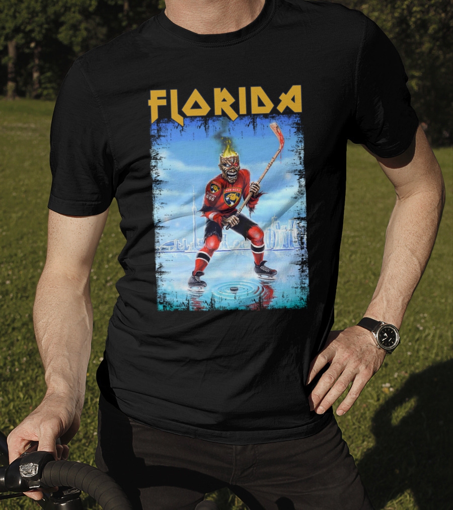Florida Panthers Hockey Florida Ice Skeleton Hockey Player Flames T-Shirt