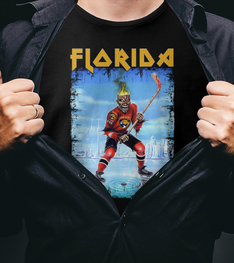 Florida Panthers Hockey Florida Ice Skeleton Hockey Player Flames T-Shirt