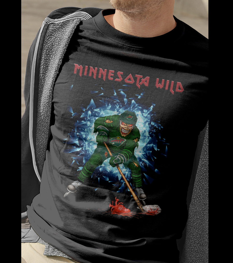 Minnesota Wild Hockey Skeleton Breaking Through Ice With Stick And Heart T-Shirt