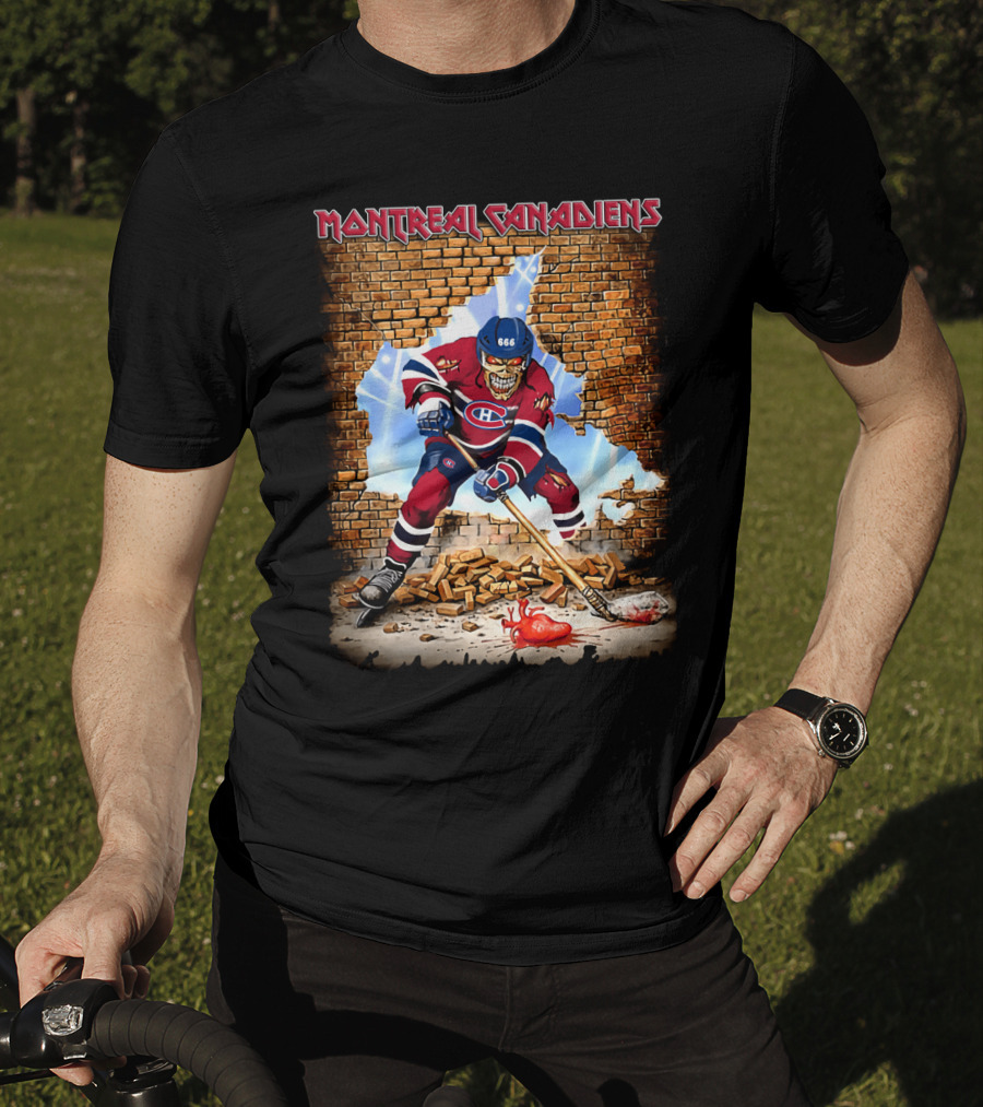 Montreal Canadiens Hockey Skeleton In Brick Wall Breakthrough With Stick And Puck T-Shirt