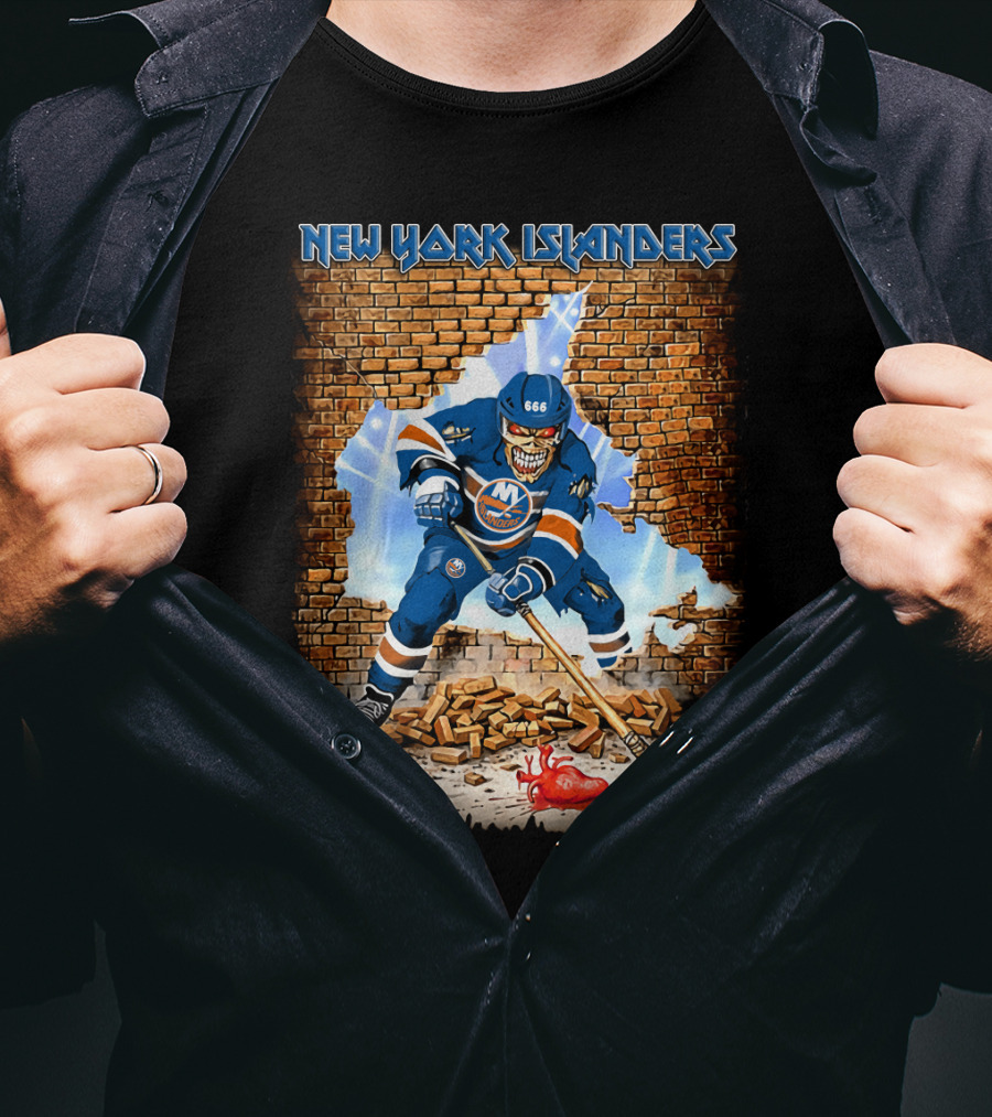 New York Islanders Intense Hockey Player In Action With Brick Wall T-Shirt