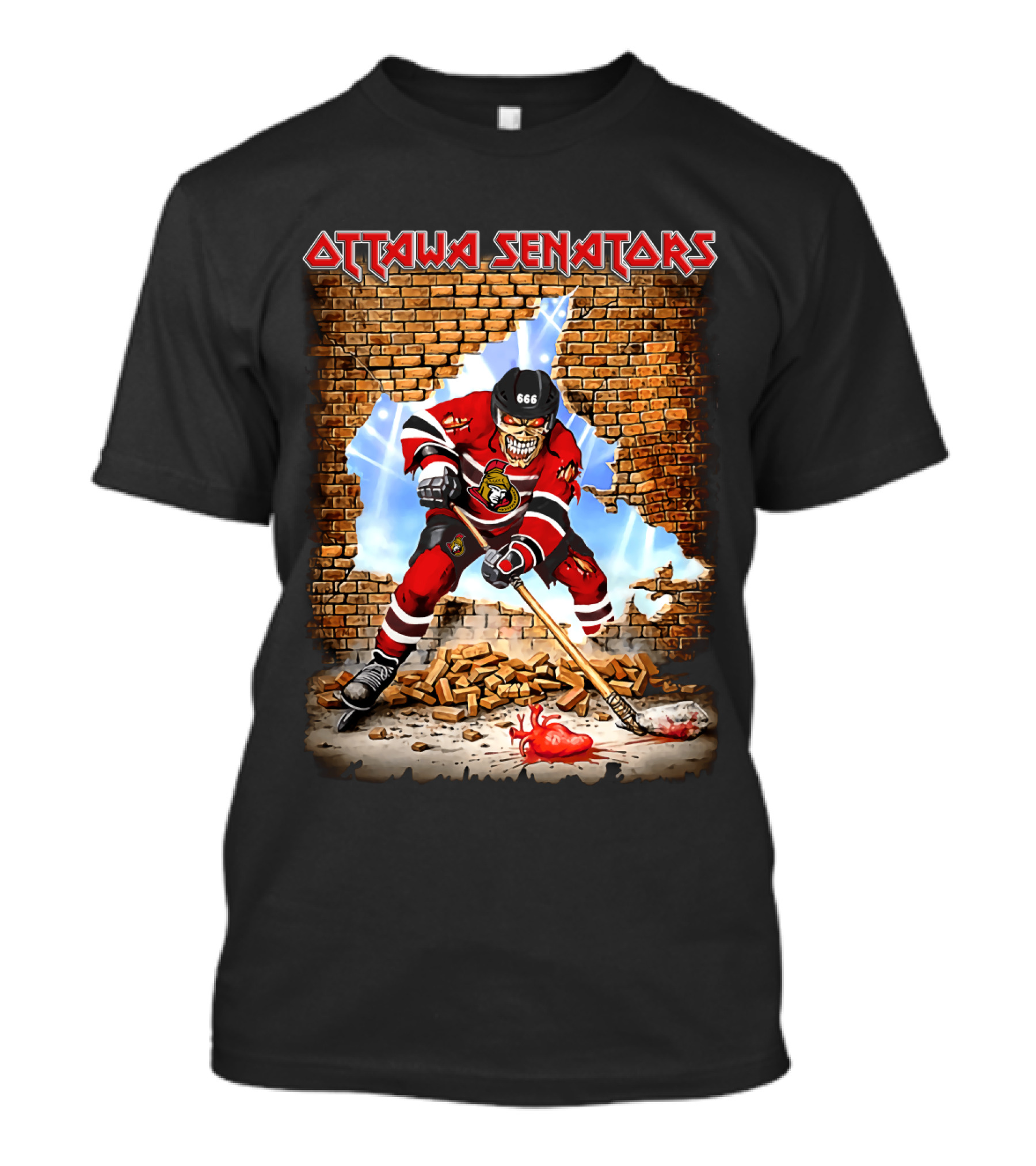 Ottawa Senators Hockey Skeleton Breaking Wall With 666 Helmet T-Shirt
