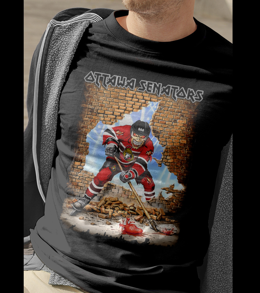 Ottawa Senators Skeleton Hockey Player Breaking Through Brick Wall T-Shirt