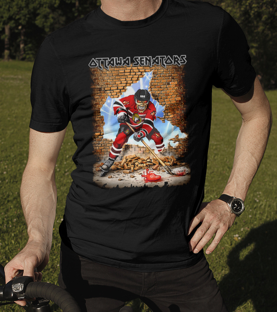 Ottawa Senators Skeleton Hockey Player Breaking Through Brick Wall T-Shirt