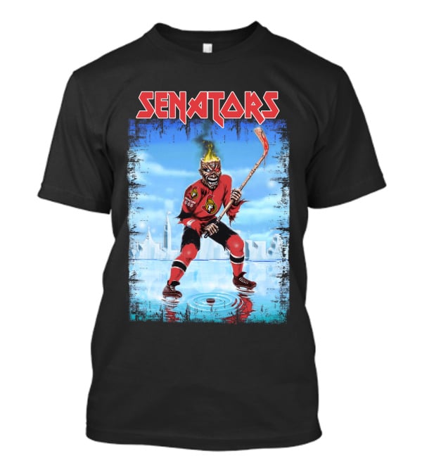 Senators Hockey Skeleton With Flaming Head And Hockey Stick T-Shirt