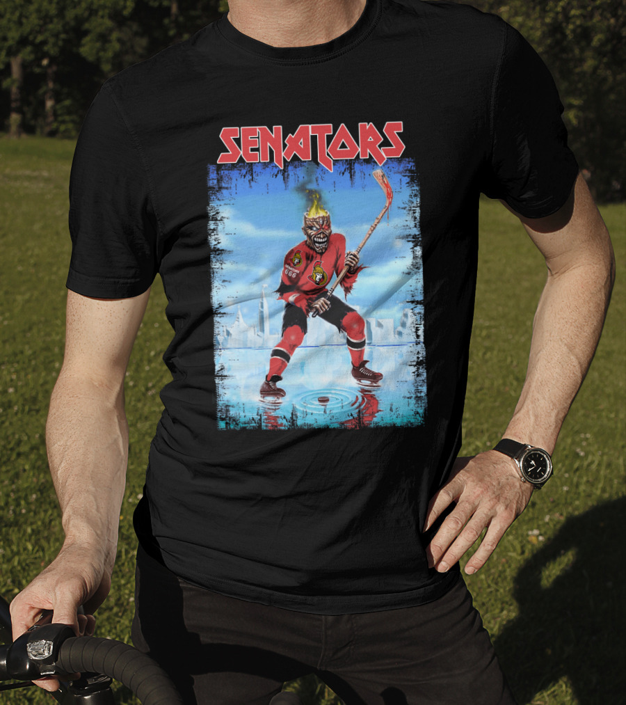 Senators Hockey Skeleton With Flaming Head And Hockey Stick T-Shirt
