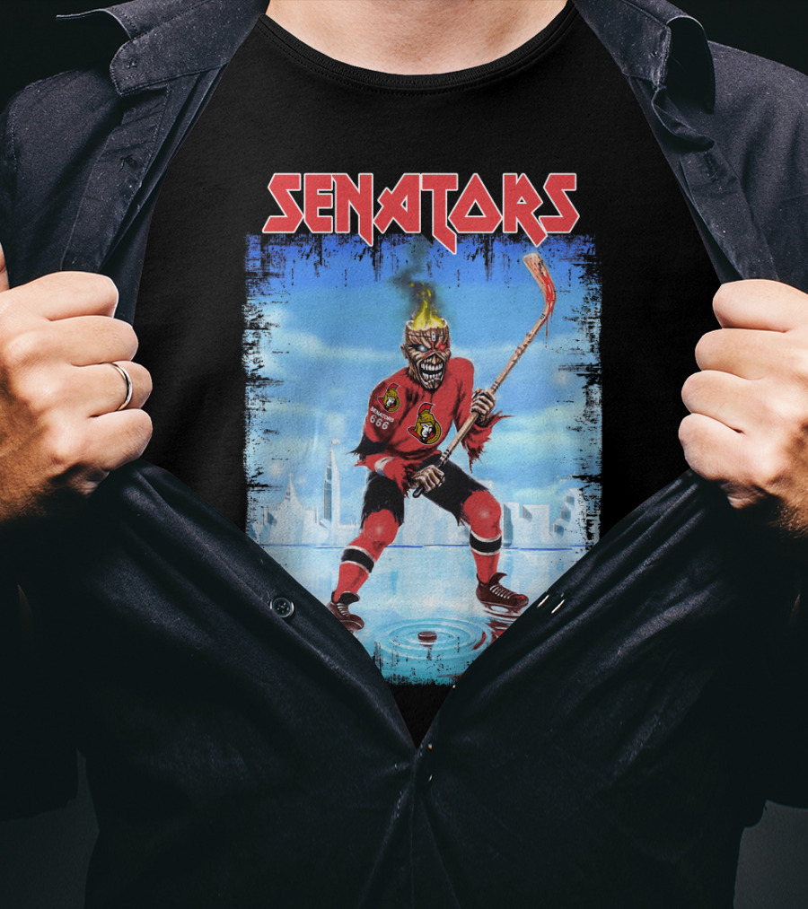 Senators Hockey Skeleton With Flaming Head And Hockey Stick T-Shirt
