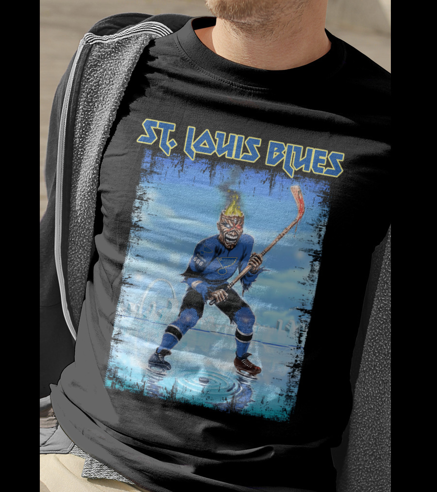 ST. LOUIS BLUES Hockey Player With Fiery Head And Ice Arena Background T-Shirt