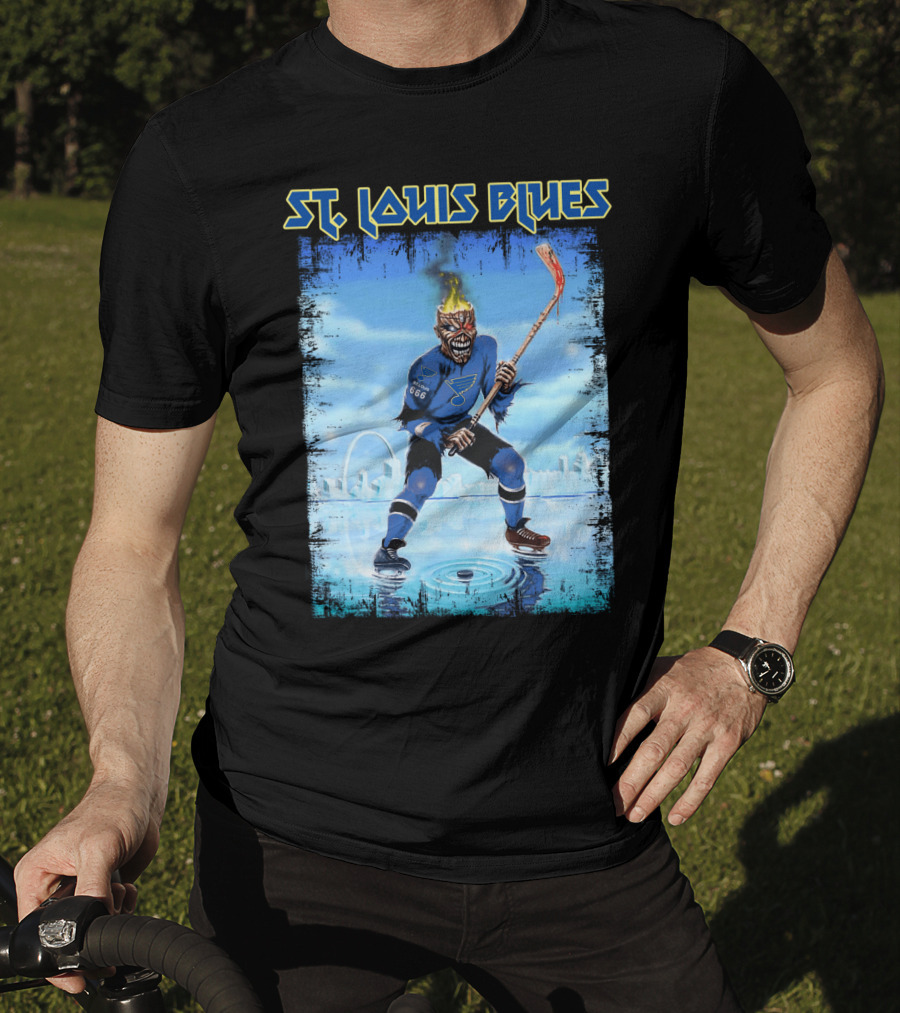 ST. LOUIS BLUES Hockey Player With Fiery Head And Ice Arena Background T-Shirt