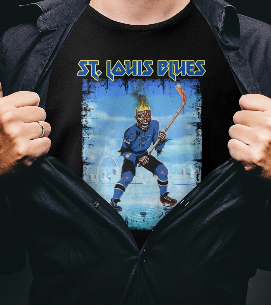 ST. LOUIS BLUES Hockey Player With Fiery Head And Ice Arena Background T-Shirt