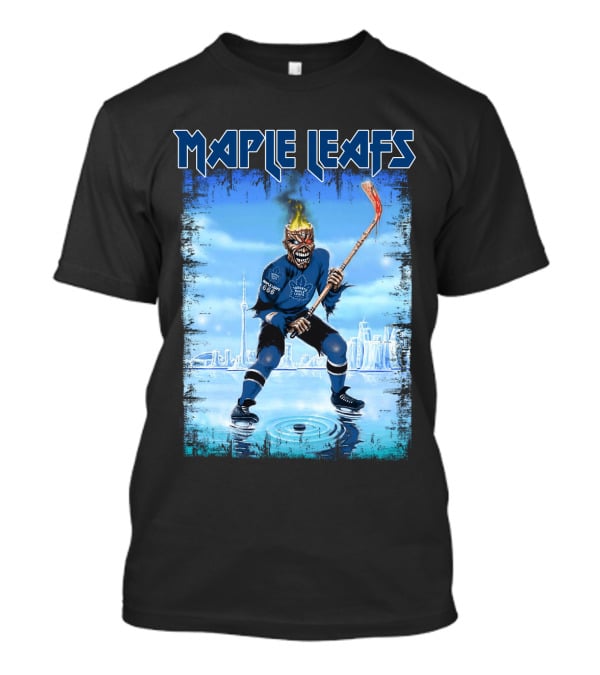 Maple Leafs Hockey Player With Fiery Skull And Hockey Stick On Ice In Front Of City Skyline T-Shirt