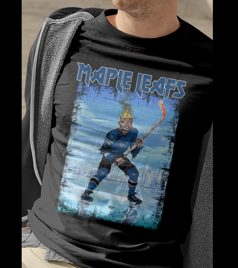 Maple Leafs Hockey Player With Fiery Skull And Hockey Stick On Ice In Front Of City Skyline T-Shirt